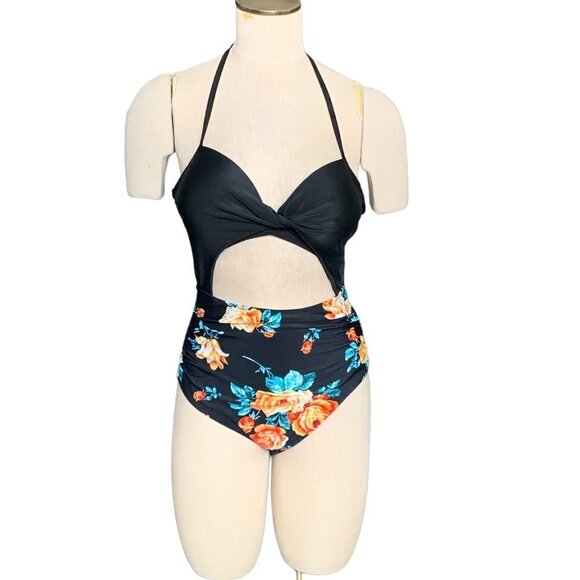 NWT Black Floral Print Halter One Piece Swimsuit Sz S #102D - Picture 2 of 12
